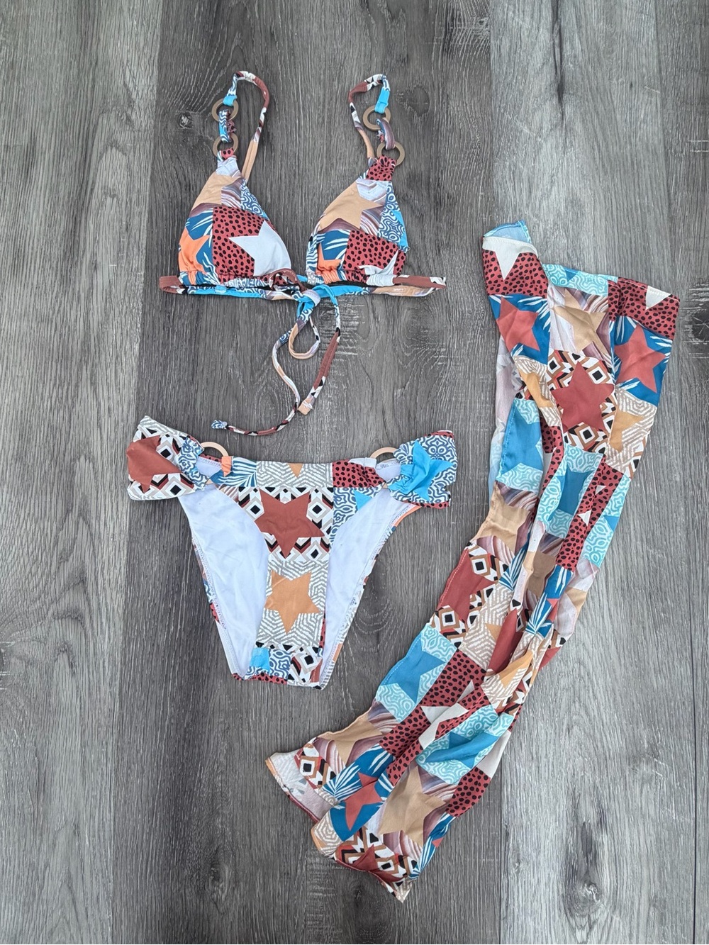 HEROWN Women’s Multi-Color Patterned Two-Piece Swim Set with Cover-Up XS